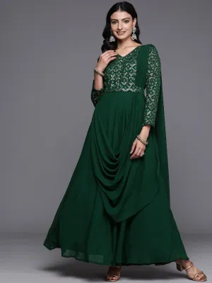 Green Embroidered Georgette Gown Dress