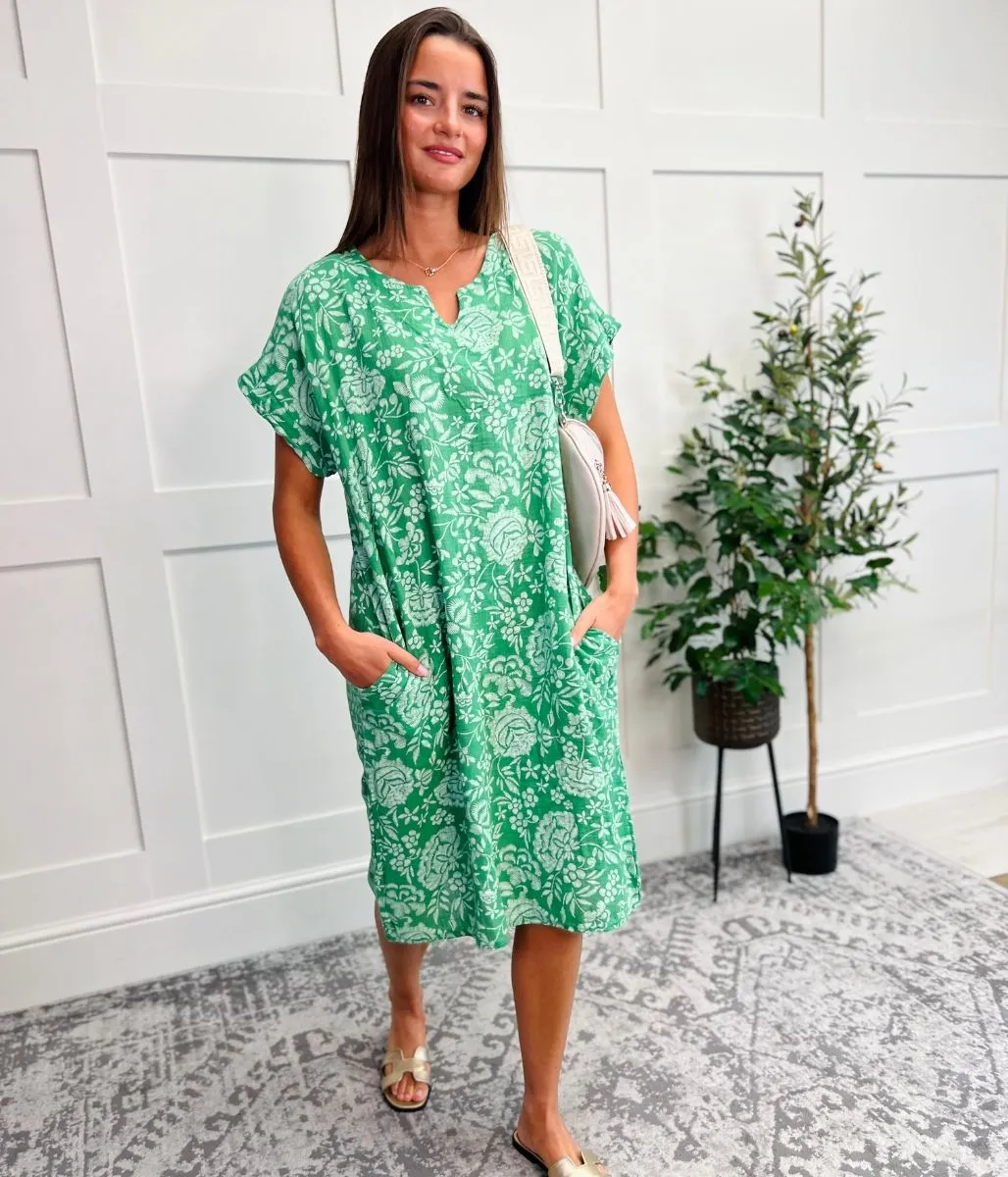 Green Floral Linen Look Dress