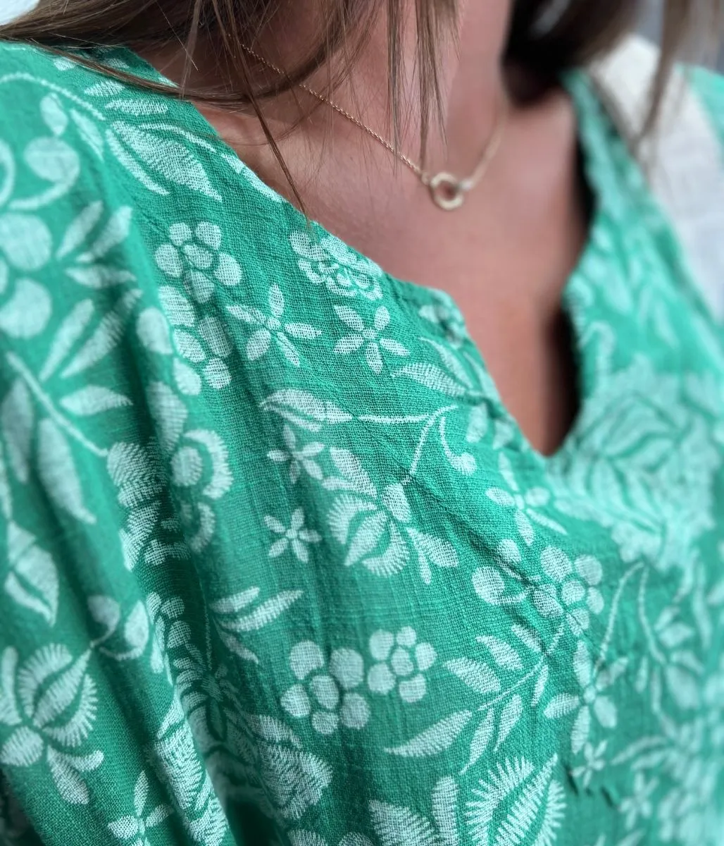 Green Floral Linen Look Dress