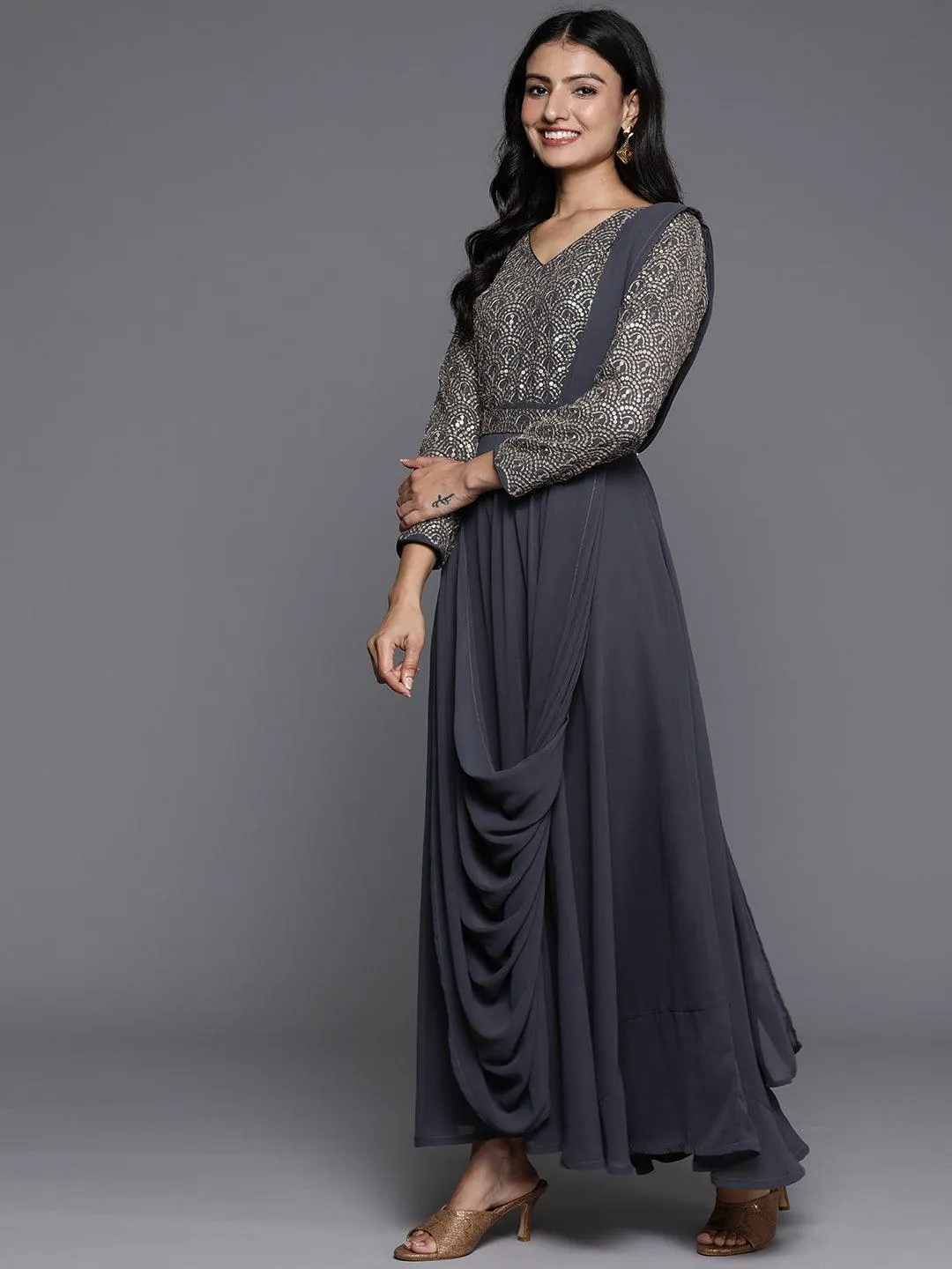 Grey Embroidered Georgette Gown Dress