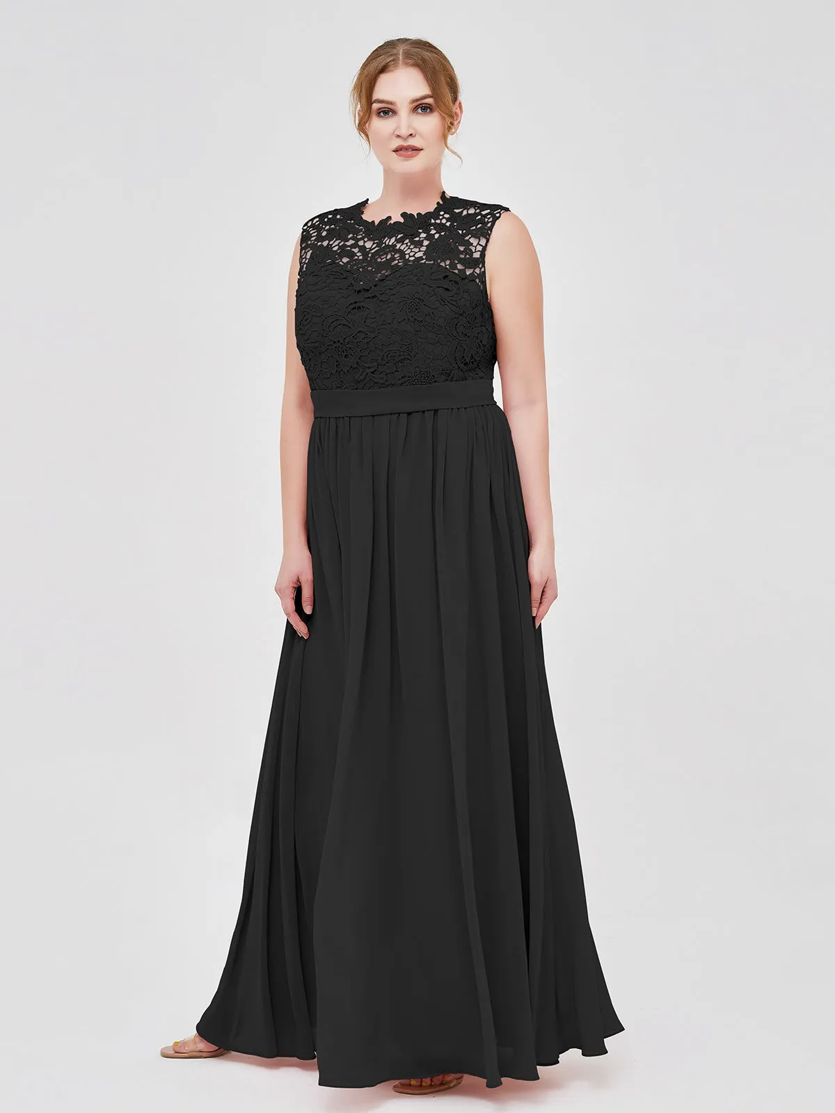 Illusion Neck Chiffon and Lace Dresses Black