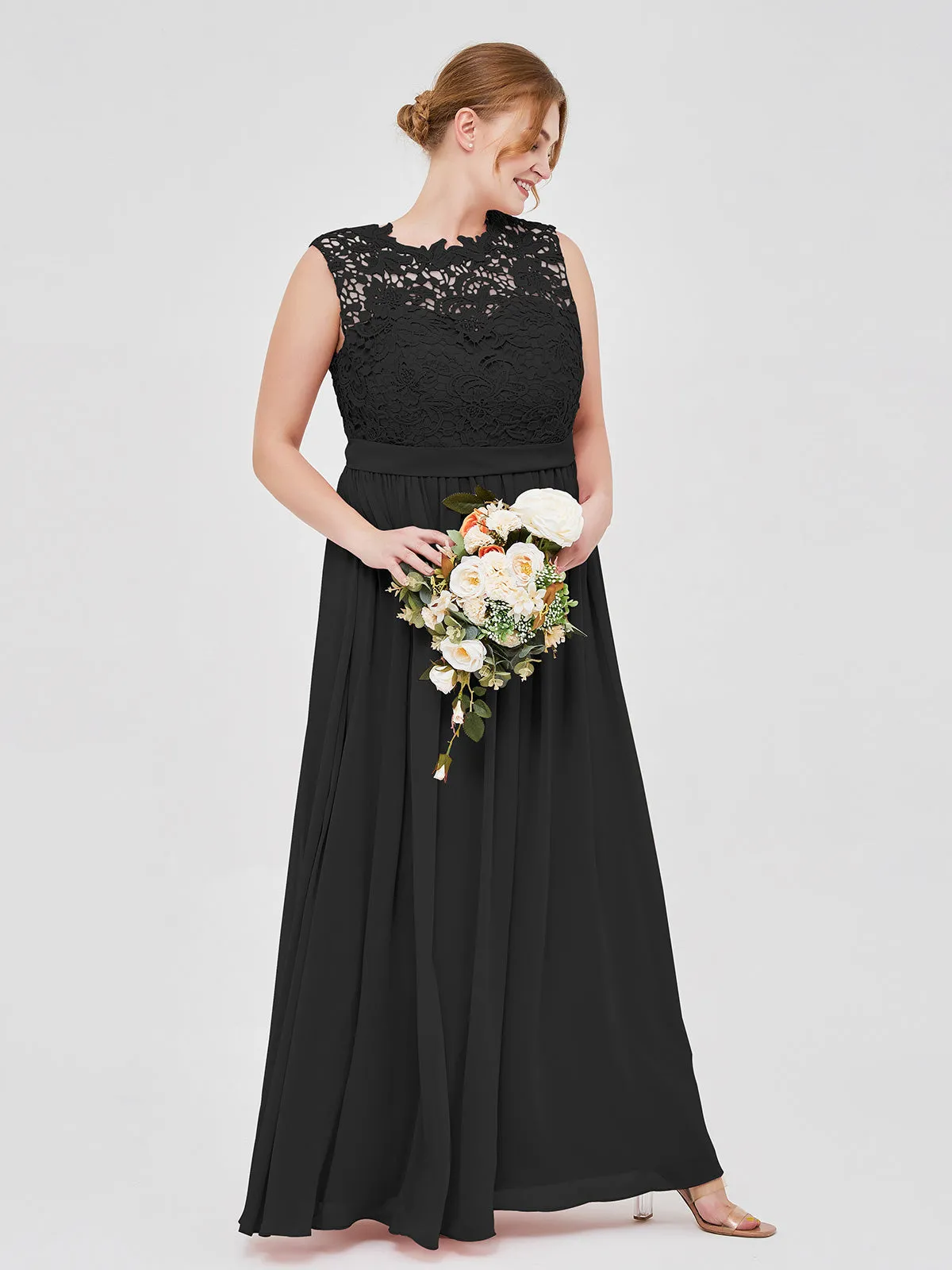 Illusion Neck Chiffon and Lace Dresses Black