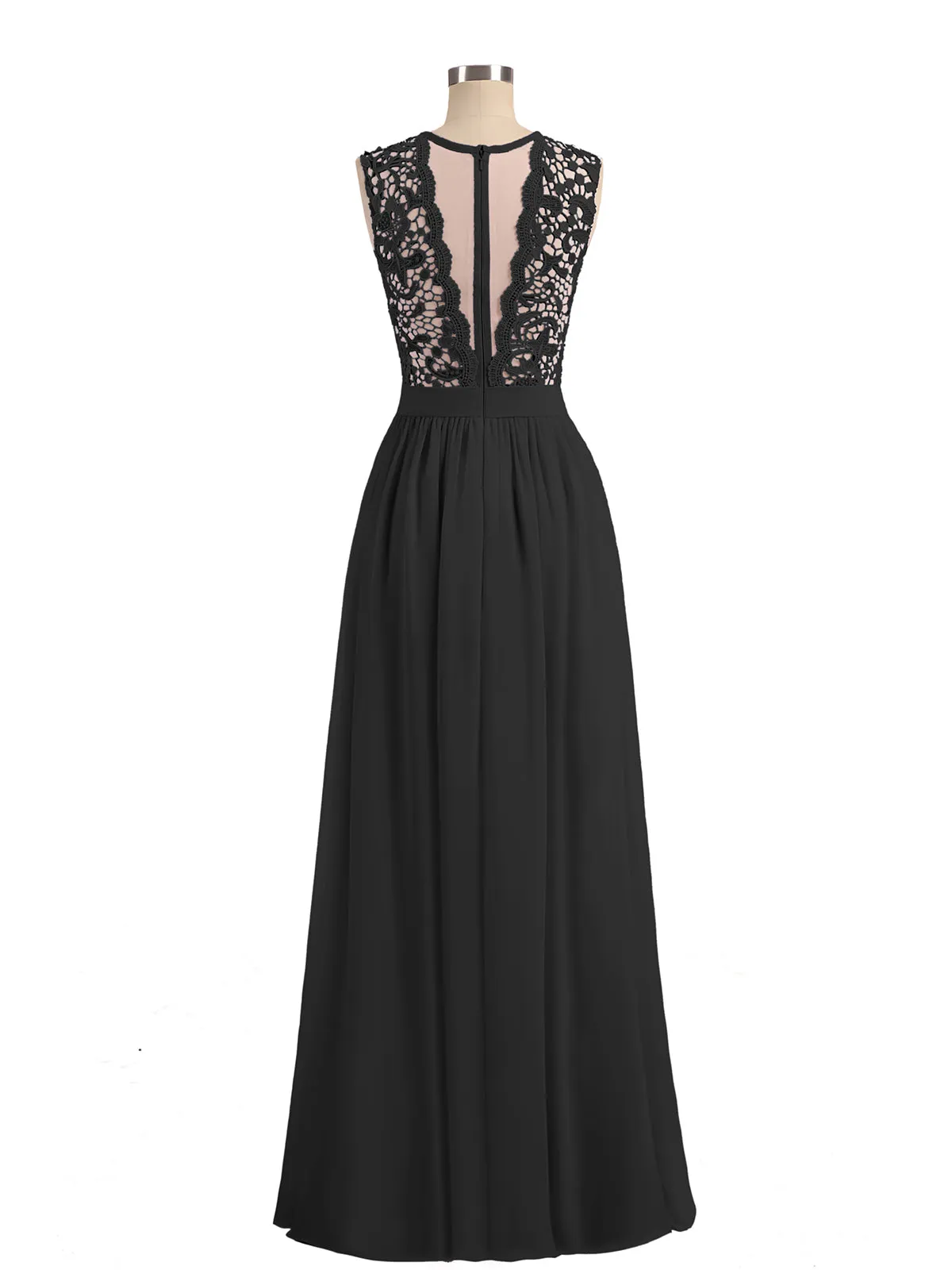 Illusion Neck Chiffon and Lace Dresses Black