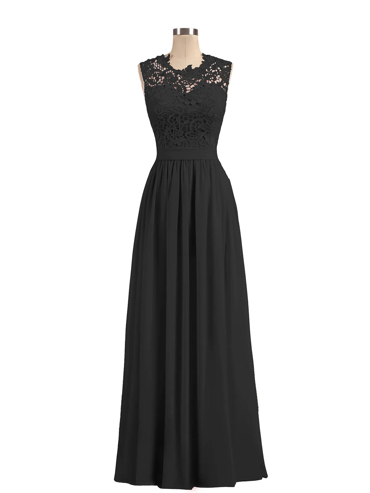 Illusion Neck Chiffon and Lace Dresses Black