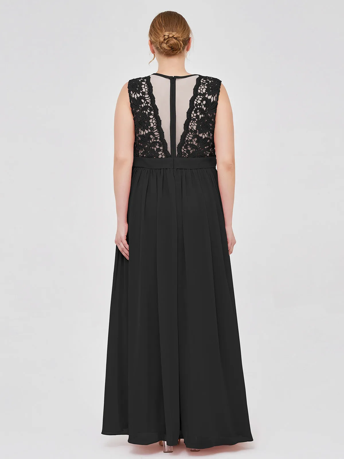 Illusion Neck Chiffon and Lace Dresses Black