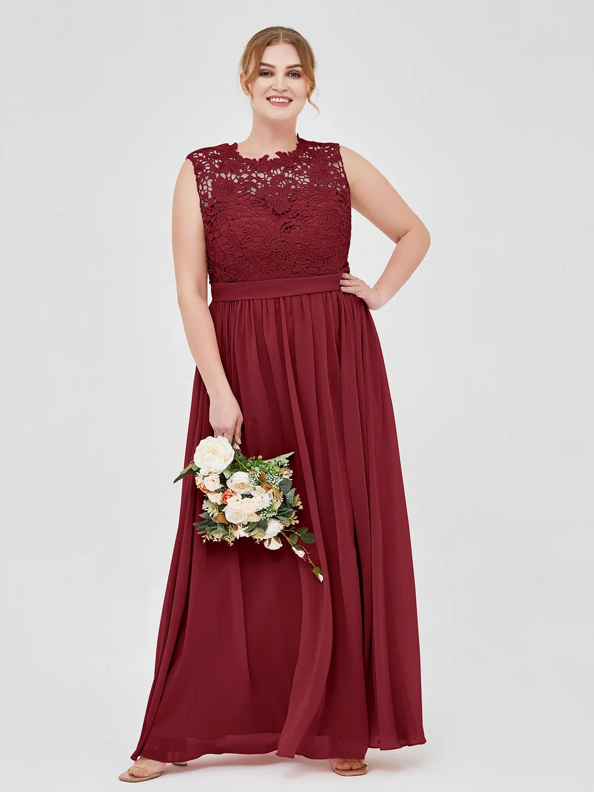 Illusion Neck Chiffon and Lace Dresses Burgundy