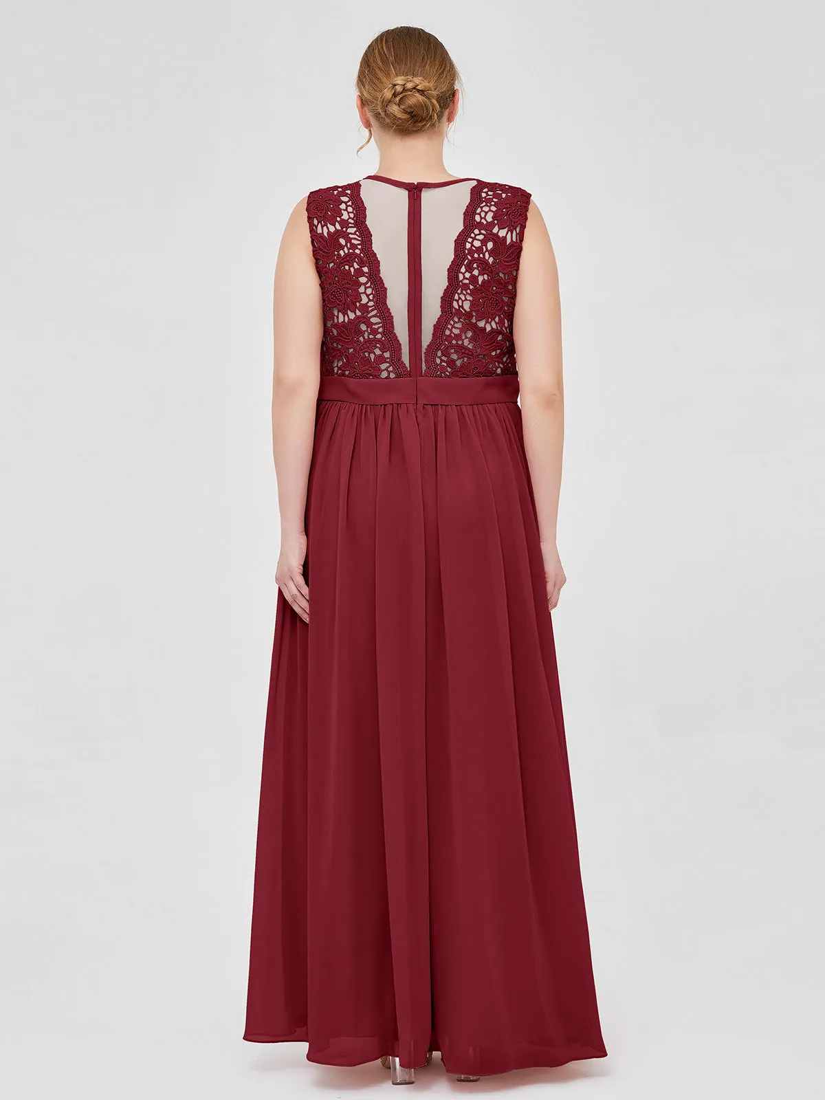 Illusion Neck Chiffon and Lace Dresses Burgundy