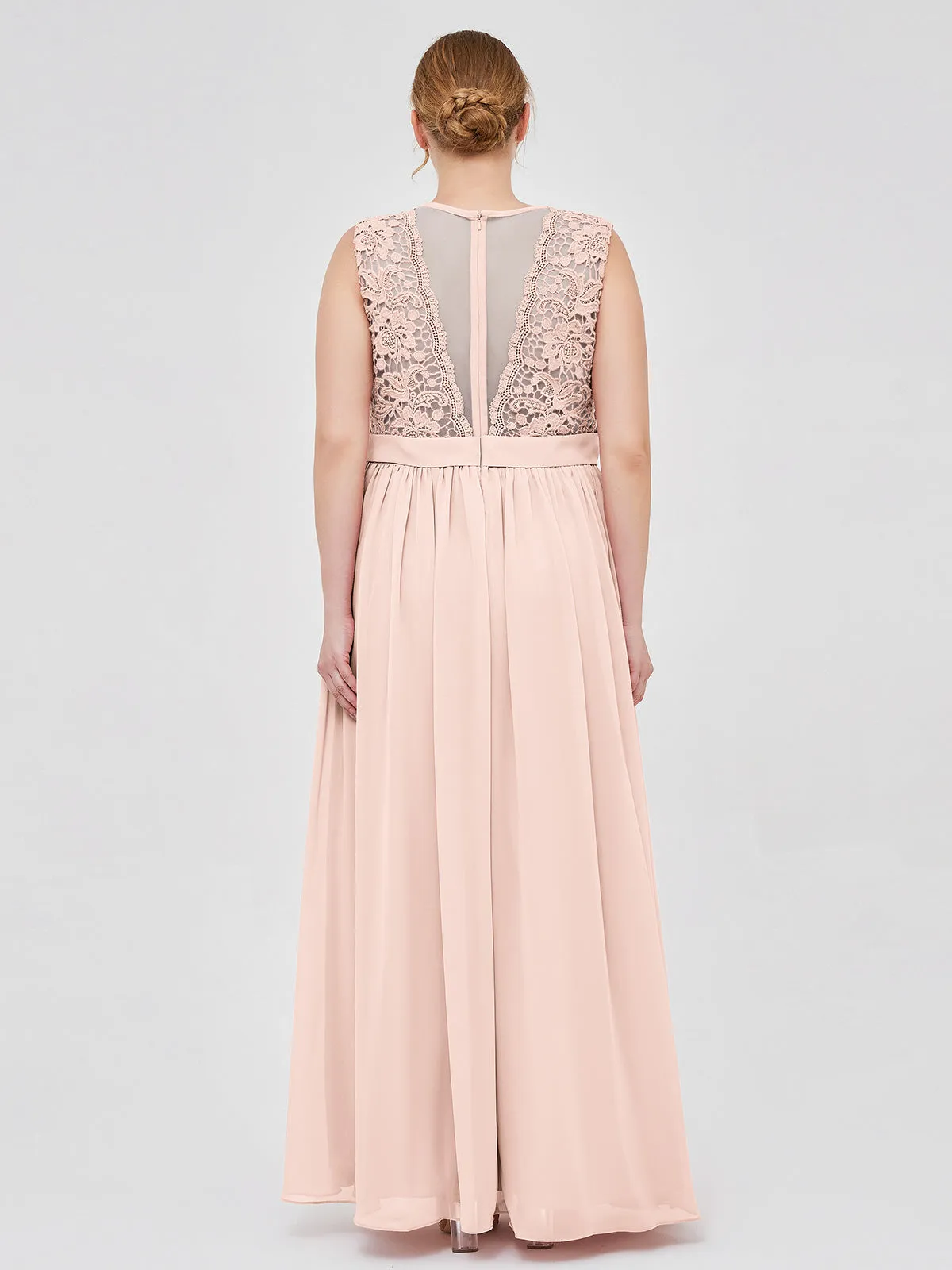 Illusion Neck Chiffon and Lace Dresses Pearl Pink