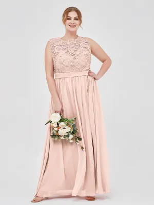 Illusion Neck Chiffon and Lace Dresses Pearl Pink