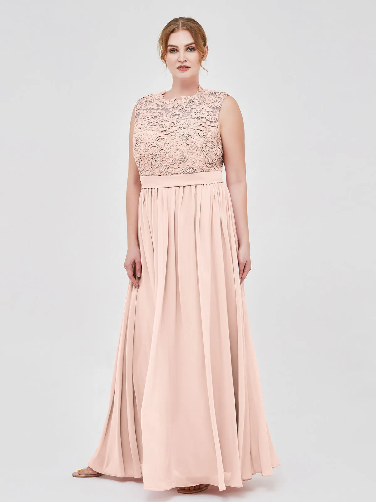 Illusion Neck Chiffon and Lace Dresses Pearl Pink