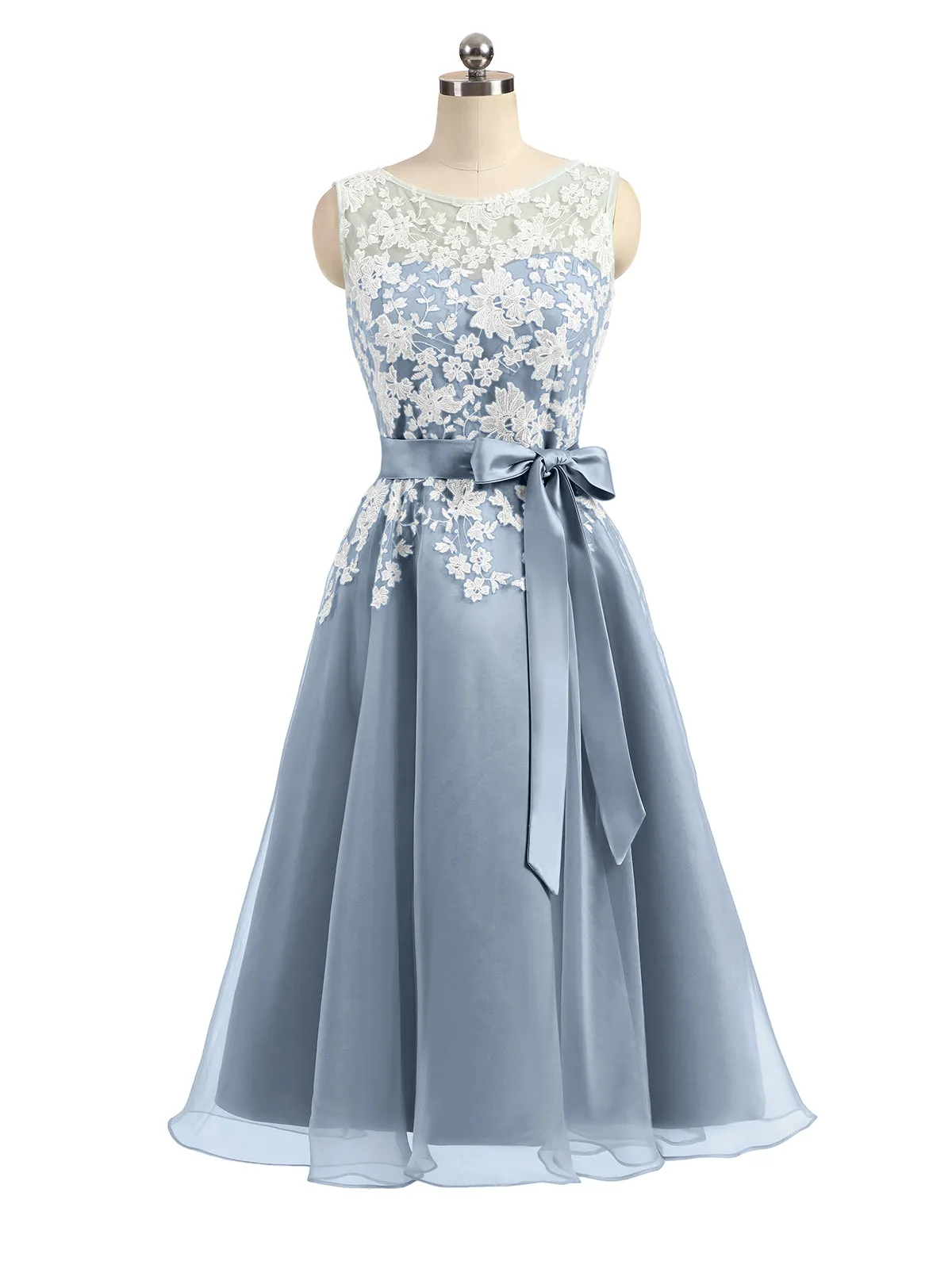 Illusion Neck Organza with Ivory Lace Appliqued Dusty Blue