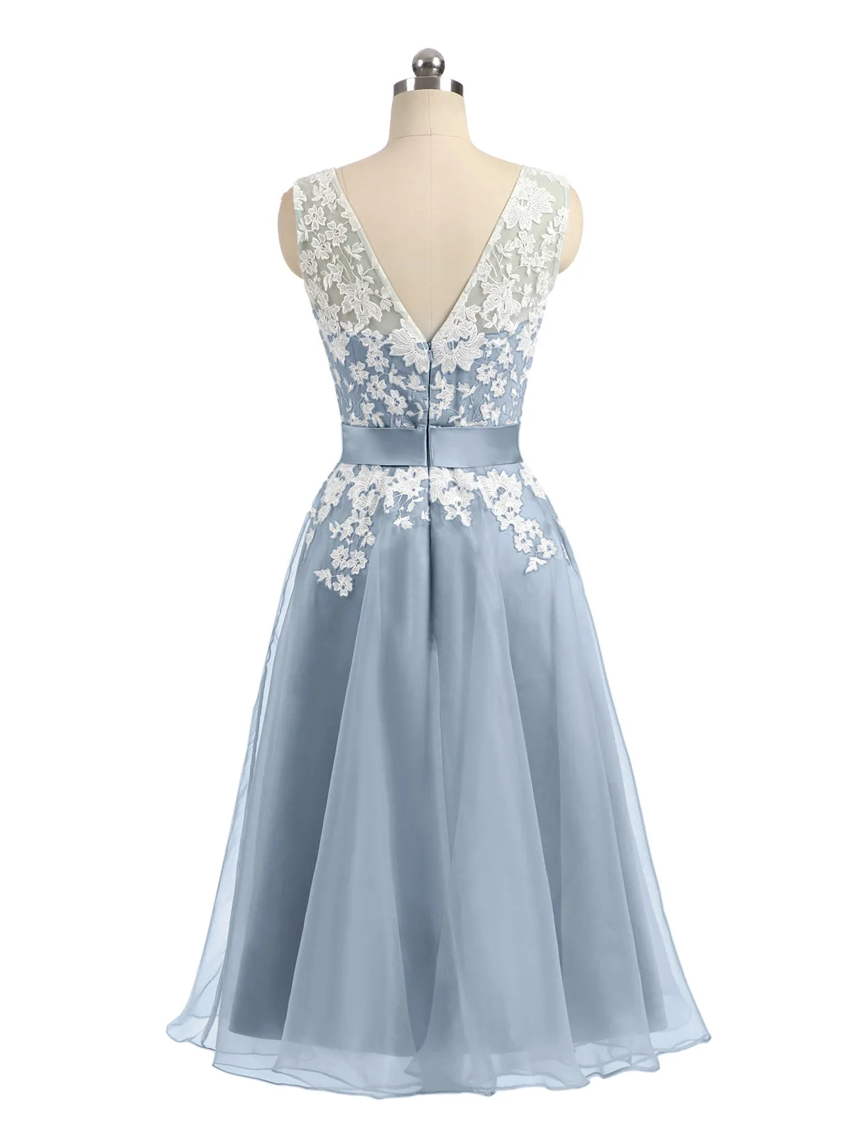 Illusion Neck Organza with Ivory Lace Appliqued Dusty Blue