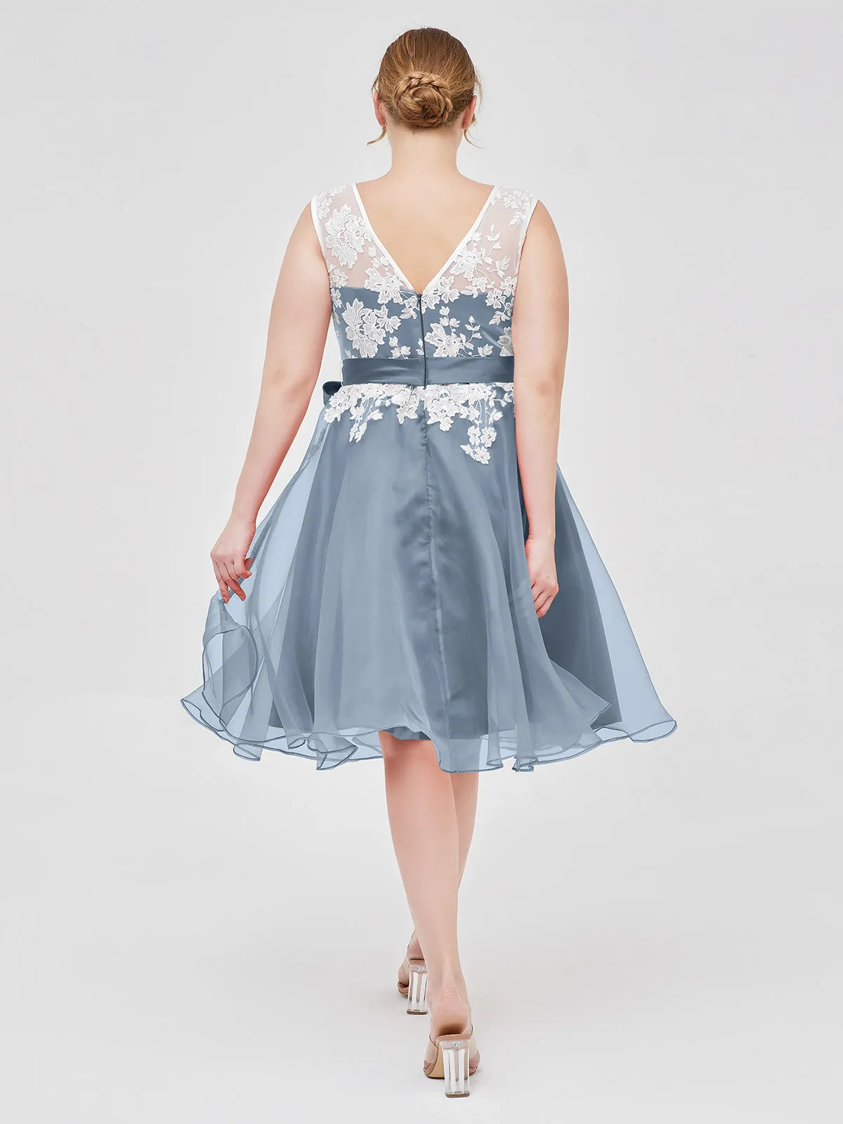 Illusion Neck Organza with Ivory Lace Appliqued Dusty Blue