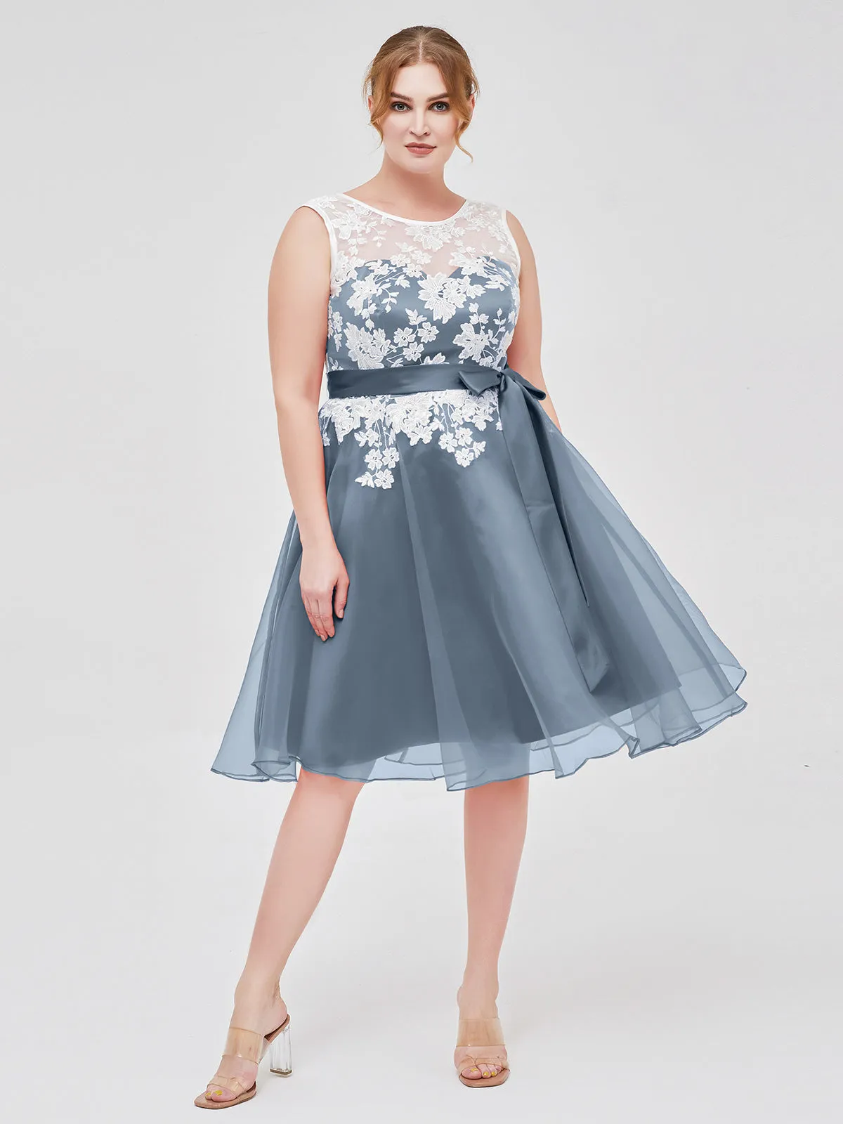 Illusion Neck Organza with Ivory Lace Appliqued Dusty Blue