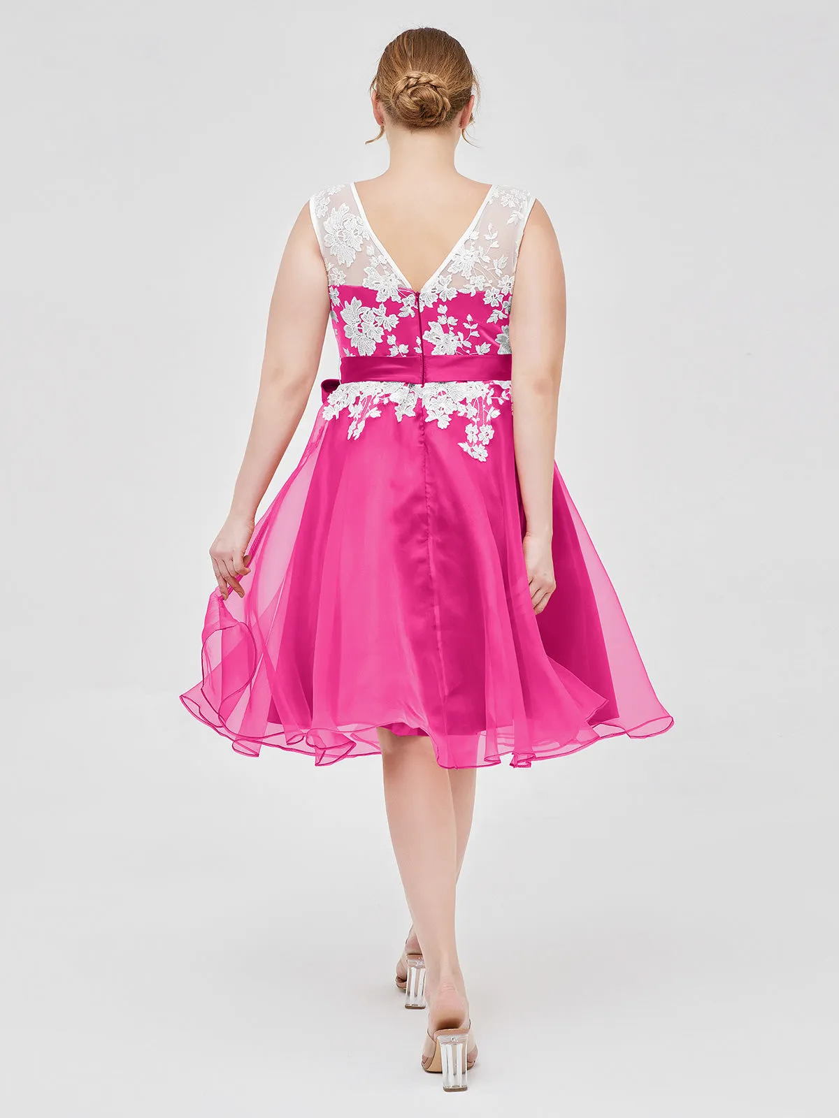 Illusion Neck Organza with Ivory Lace Appliqued Fuchsia Plus Size