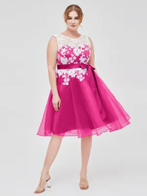 Illusion Neck Organza with Ivory Lace Appliqued Fuchsia Plus Size