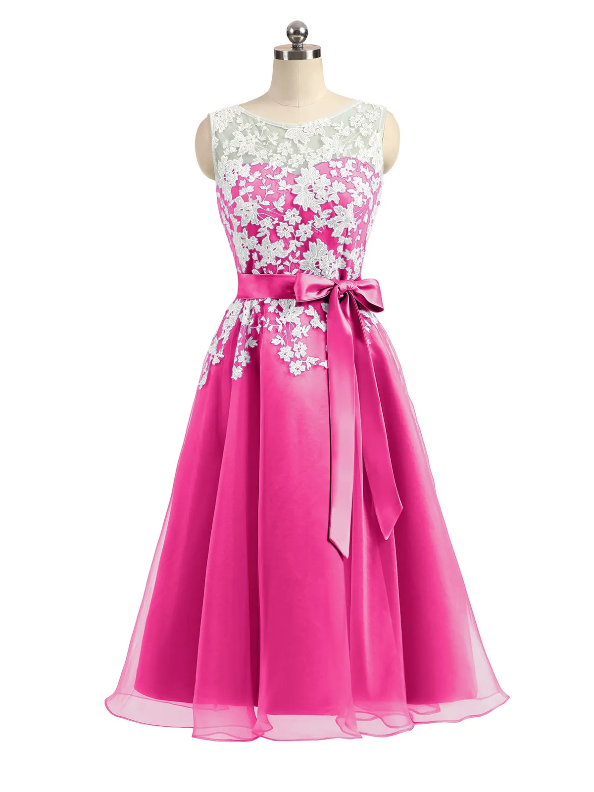 Illusion Neck Organza with Ivory Lace Appliqued Fuchsia Plus Size