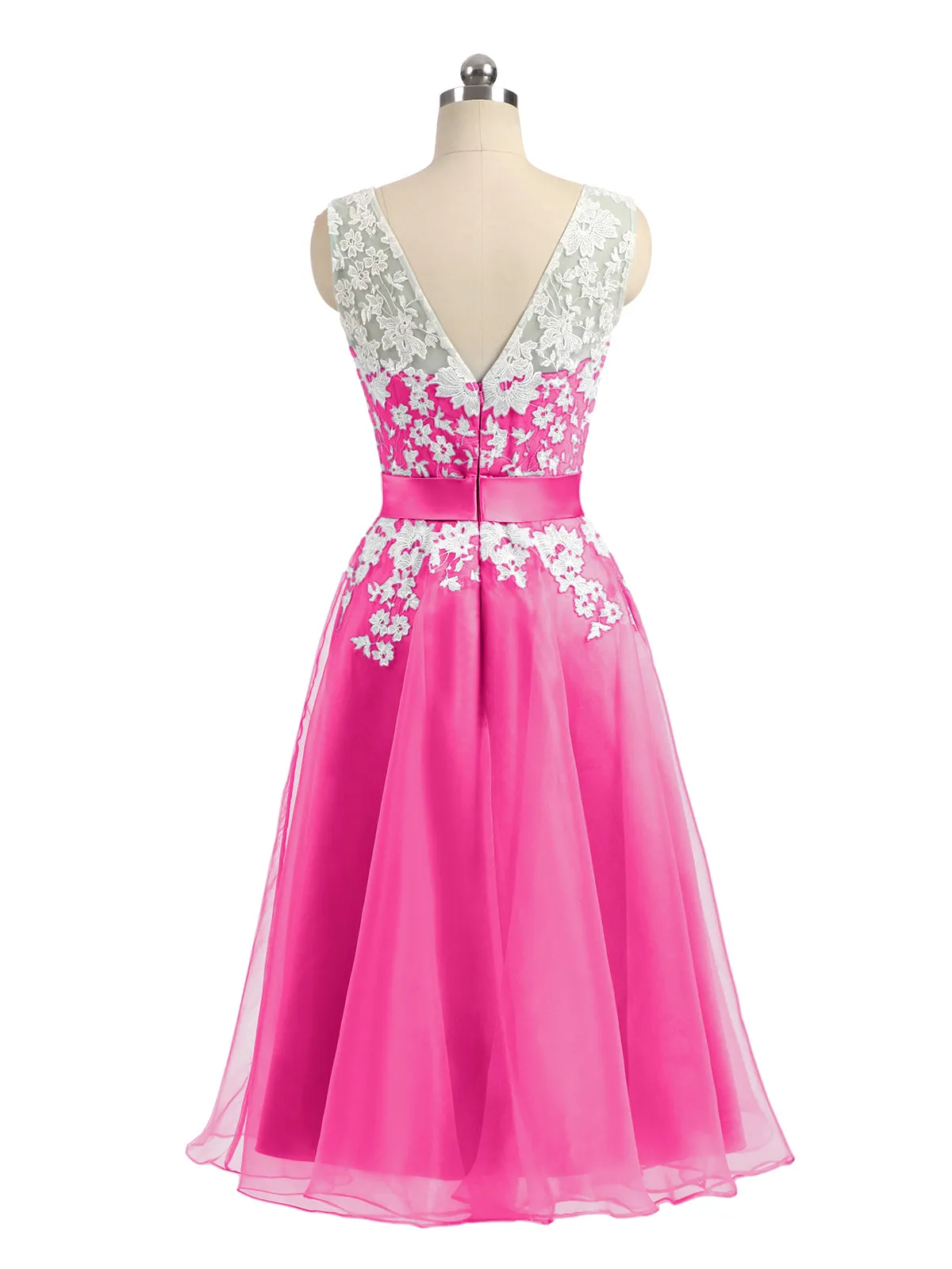 Illusion Neck Organza with Ivory Lace Appliqued Fuchsia Plus Size