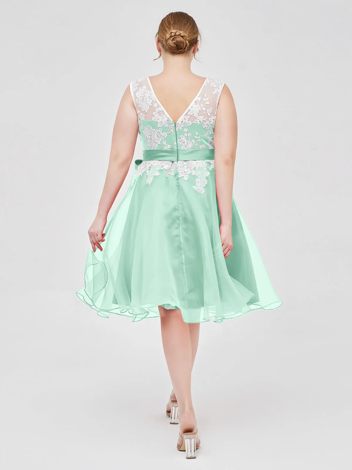 Illusion Neck Organza with Ivory Lace Appliqued Mint Green