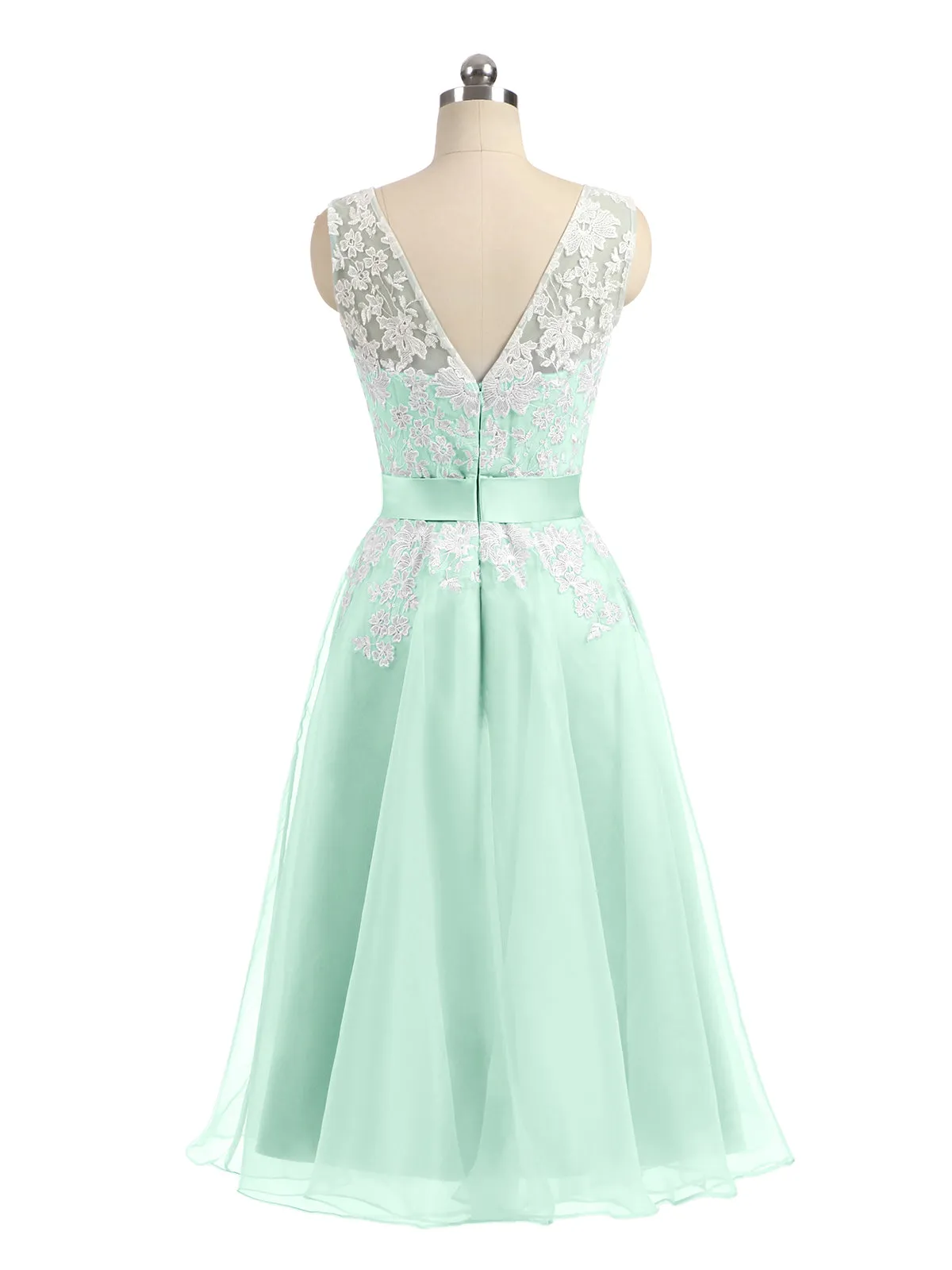 Illusion Neck Organza with Ivory Lace Appliqued Mint Green