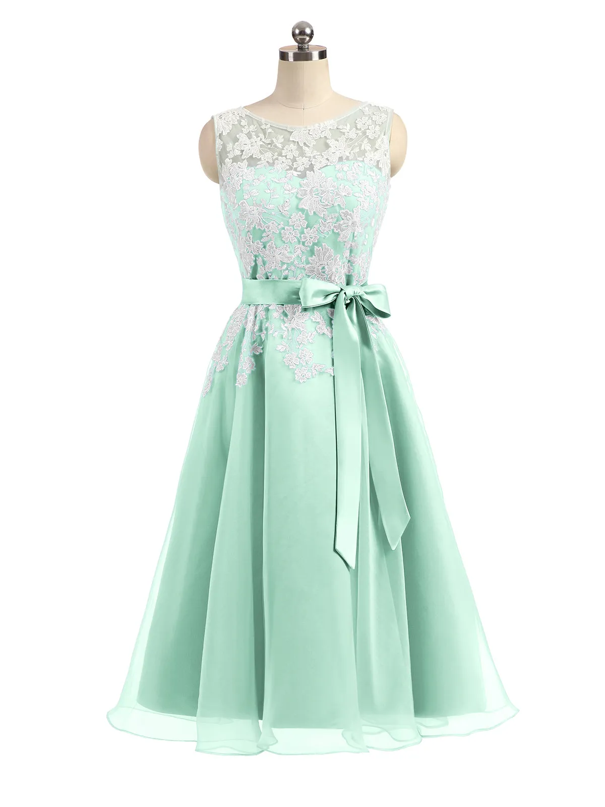 Illusion Neck Organza with Ivory Lace Appliqued Mint Green