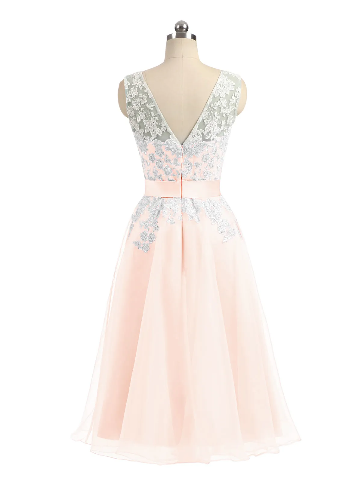 Illusion Neck Organza with Ivory Lace Appliqued Pearl Pink Plus Size