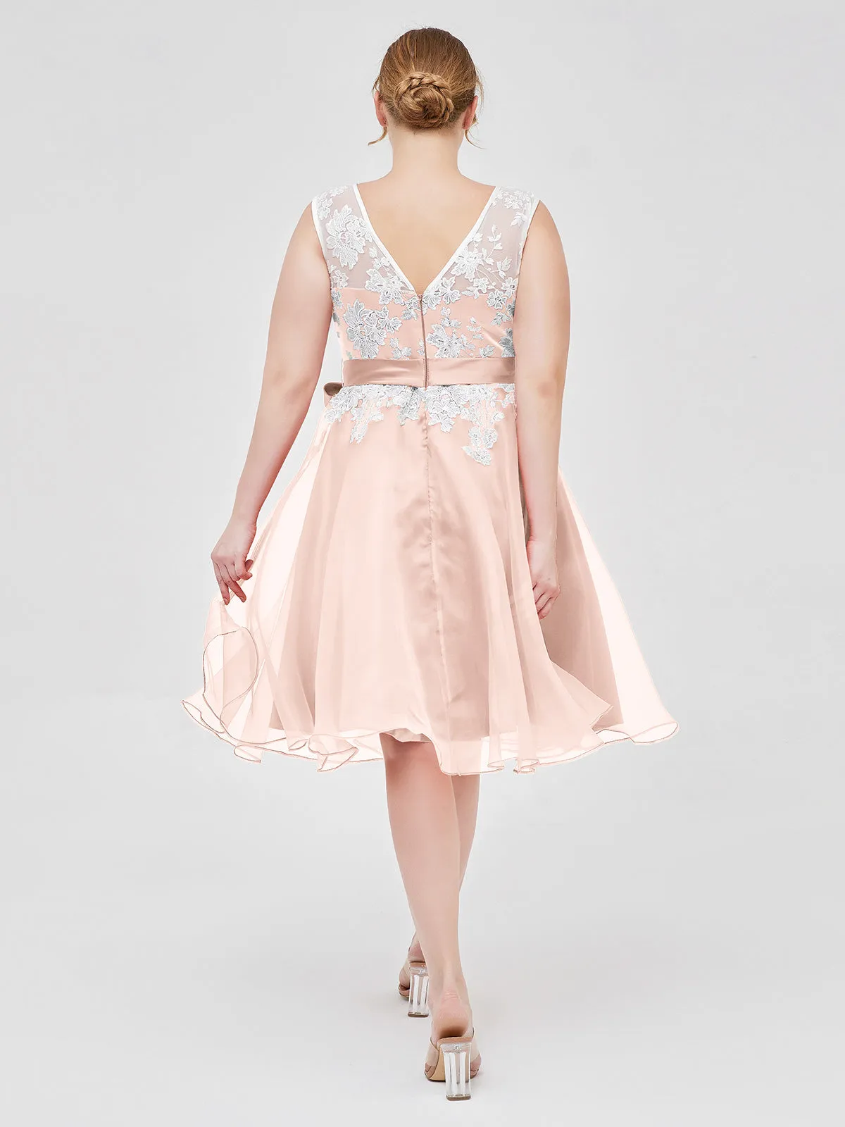 Illusion Neck Organza with Ivory Lace Appliqued Pearl Pink Plus Size