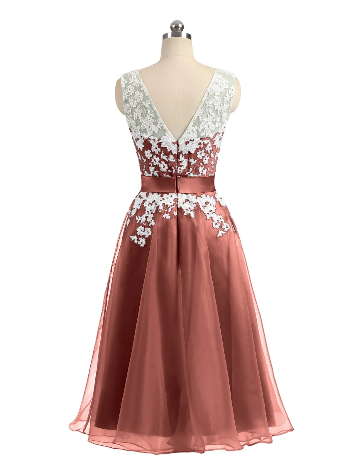 Illusion Neck Organza with Ivory Lace Appliqued  Terracotta Plus Size