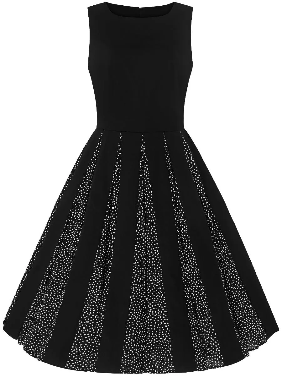 Judith Chiffon Retro Pleated Dress in Black with White Polka Dot