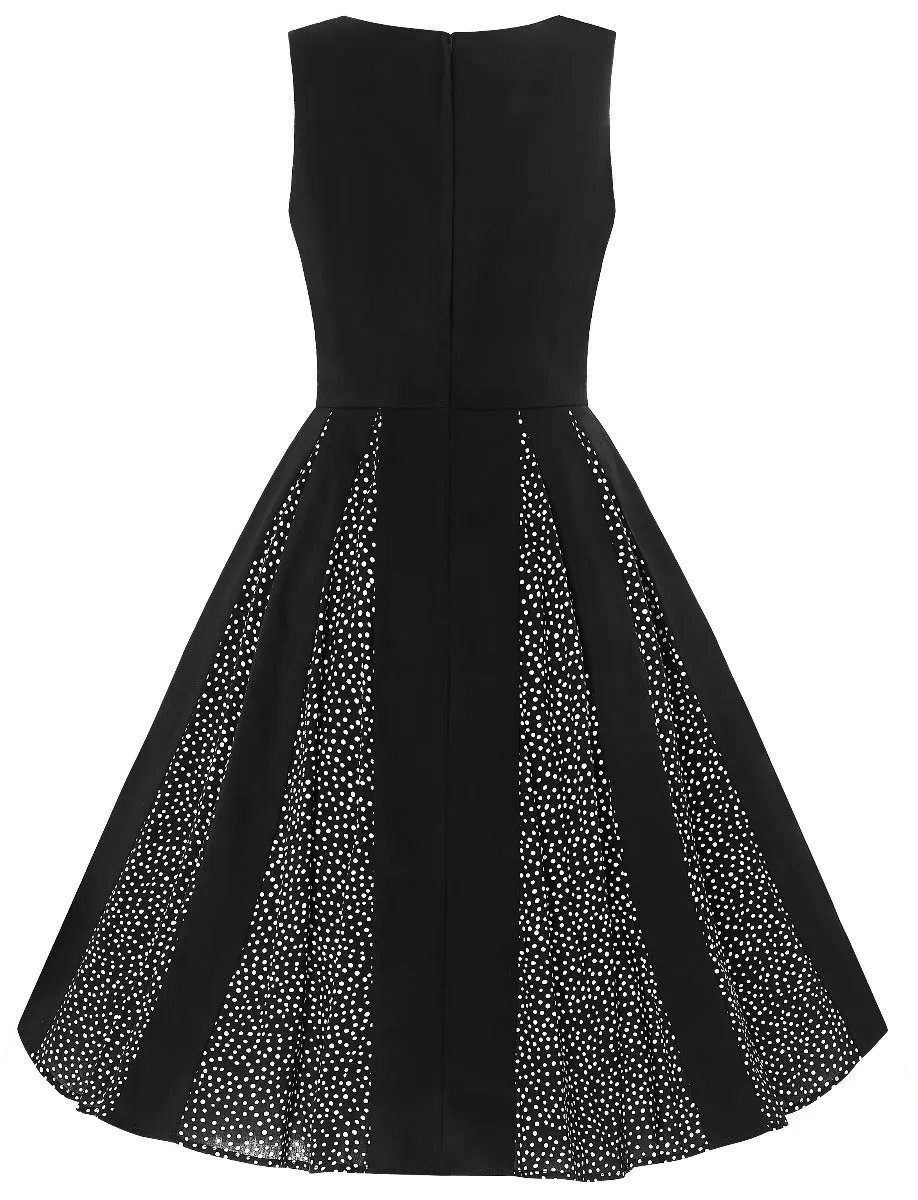 Judith Chiffon Retro Pleated Dress in Black with White Polka Dot