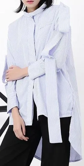 Layered-Sleeve Striped Asymmetric Shirt