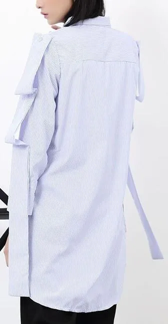 Layered-Sleeve Striped Asymmetric Shirt