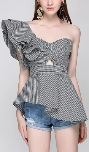 'MarÌ_a De M̬dici' Asymmetrical Peplum Gingham Top