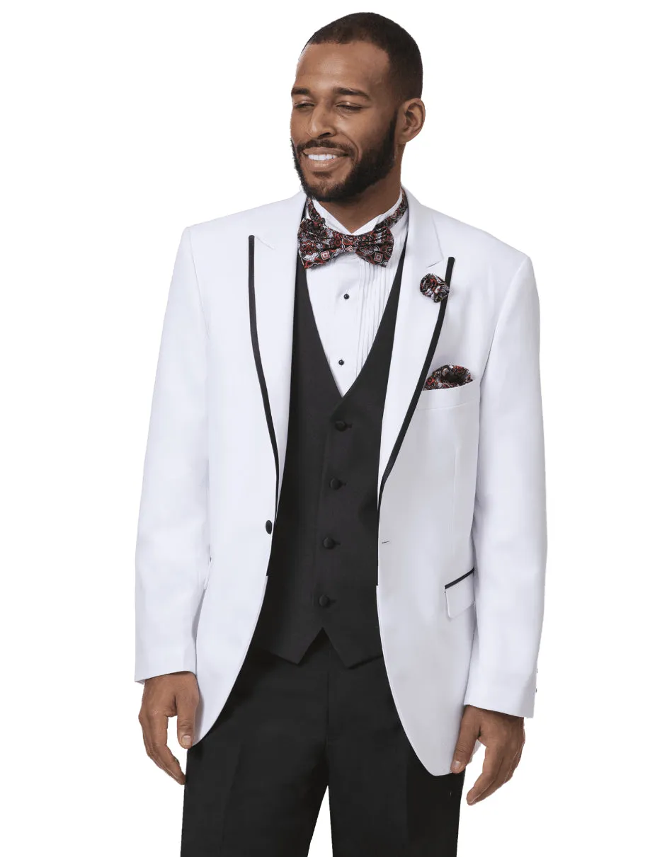 Mens Classic One Button Peak Tuxedo in White with Black Trim