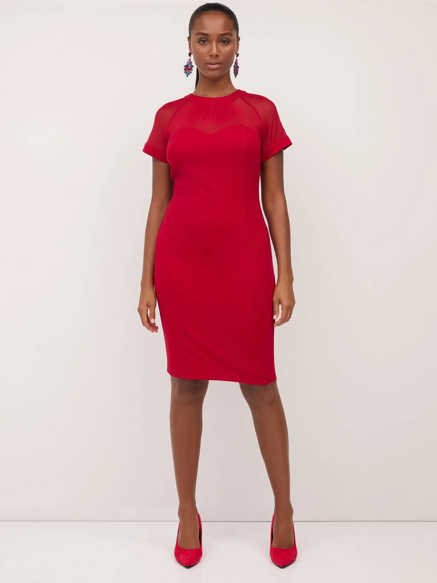 Mesh-Accent Sheath Dress - Magic Crepe®