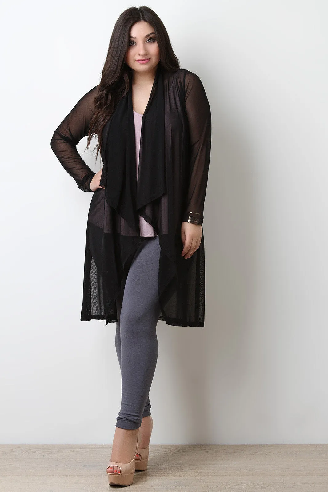 Mesh Long Sleeves Open Front Longline Cardigan