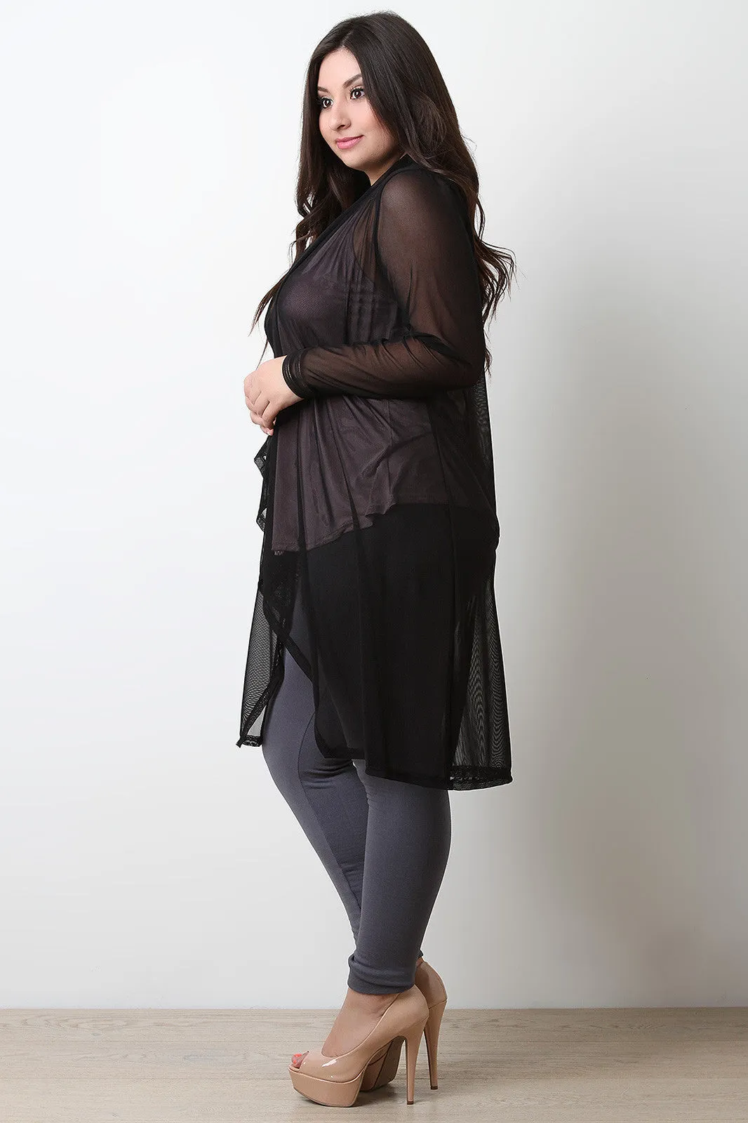 Mesh Long Sleeves Open Front Longline Cardigan