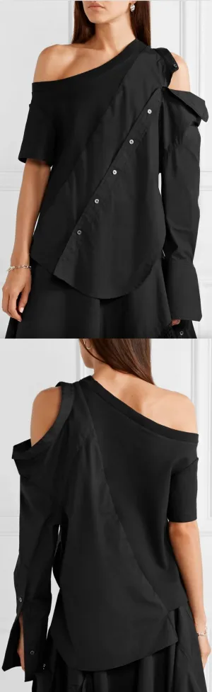 Mixed Media Cold-Shoulder Top, Black