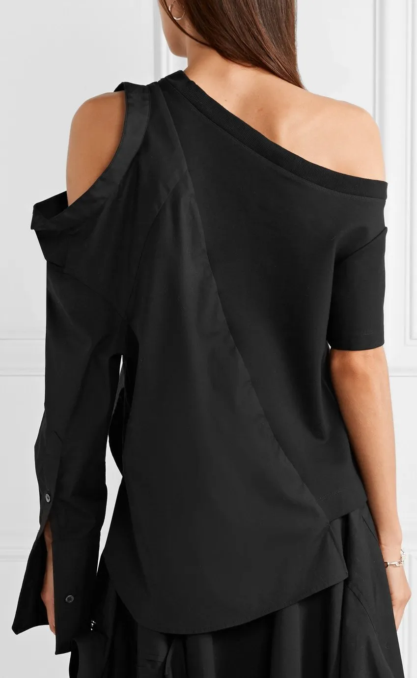 Mixed Media Cold-Shoulder Top, Black