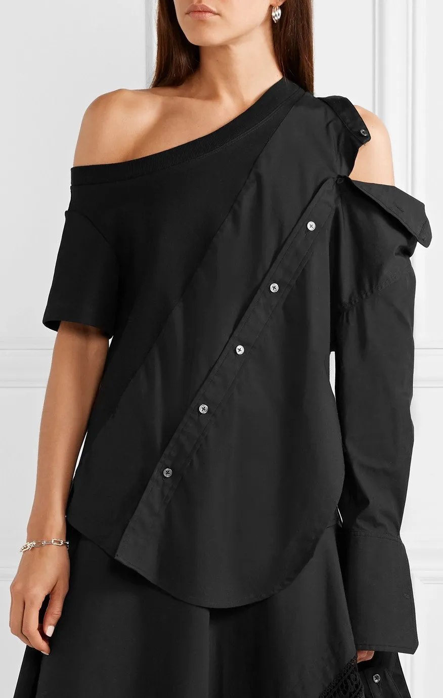 Mixed Media Cold-Shoulder Top, Black