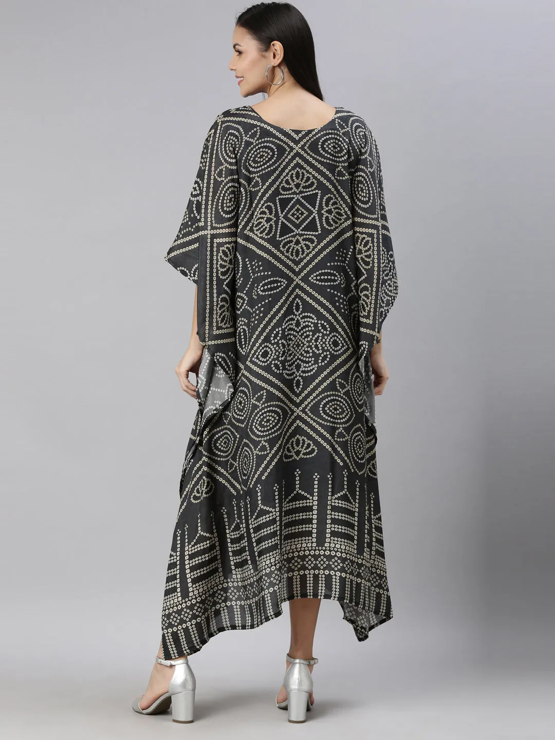 Neerus Olive Green White Kaftan Maxi Dress