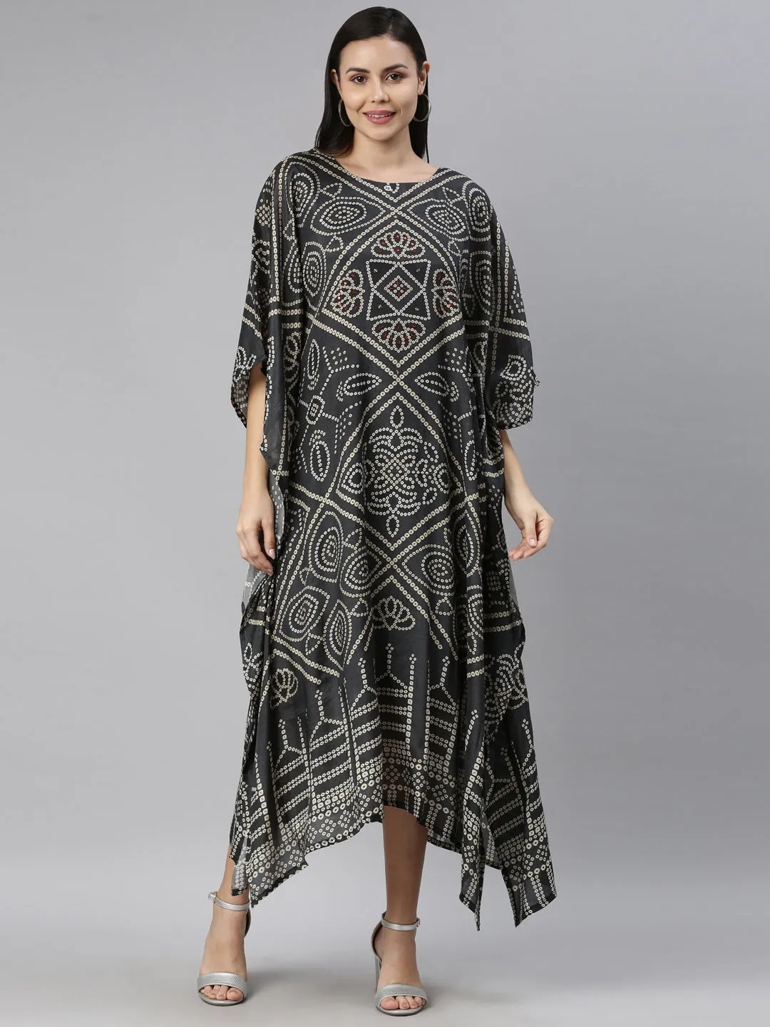 Neerus Olive Green White Kaftan Maxi Dress