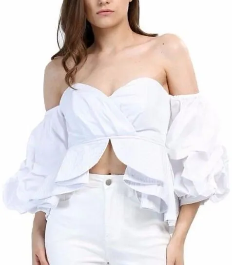 Off-Shoulder Tiered-Peplum Top in White, Black, Blue or Red