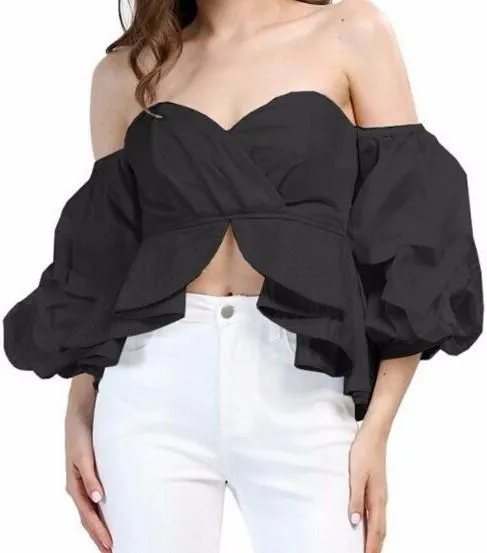 Off-Shoulder Tiered-Peplum Top in White, Black, Blue or Red