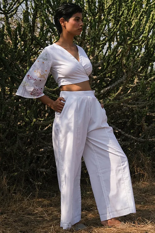 Okhai 'White Sky' Hand Embroidered Cotton Pants