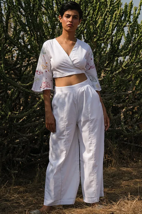 Okhai 'White Sky' Hand Embroidered Cotton Pants