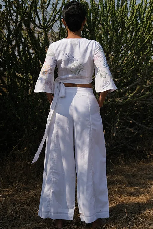 Okhai 'White Sky' Hand Embroidered Cotton Pants