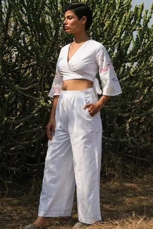 Okhai 'White Sky' Hand Embroidered Cotton Pants