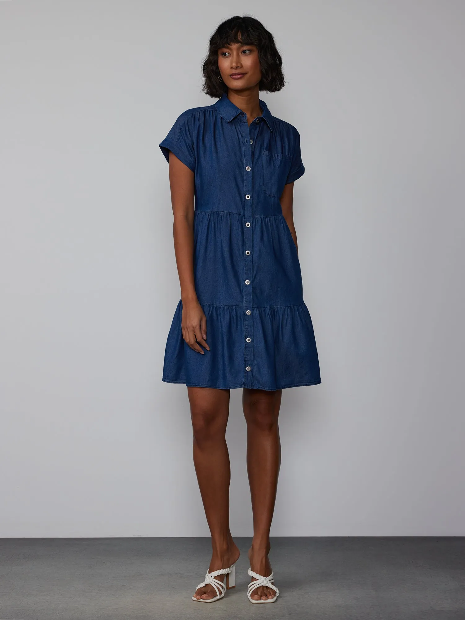 Plus Short Sleeve Chambray Tiered Shirt Dress