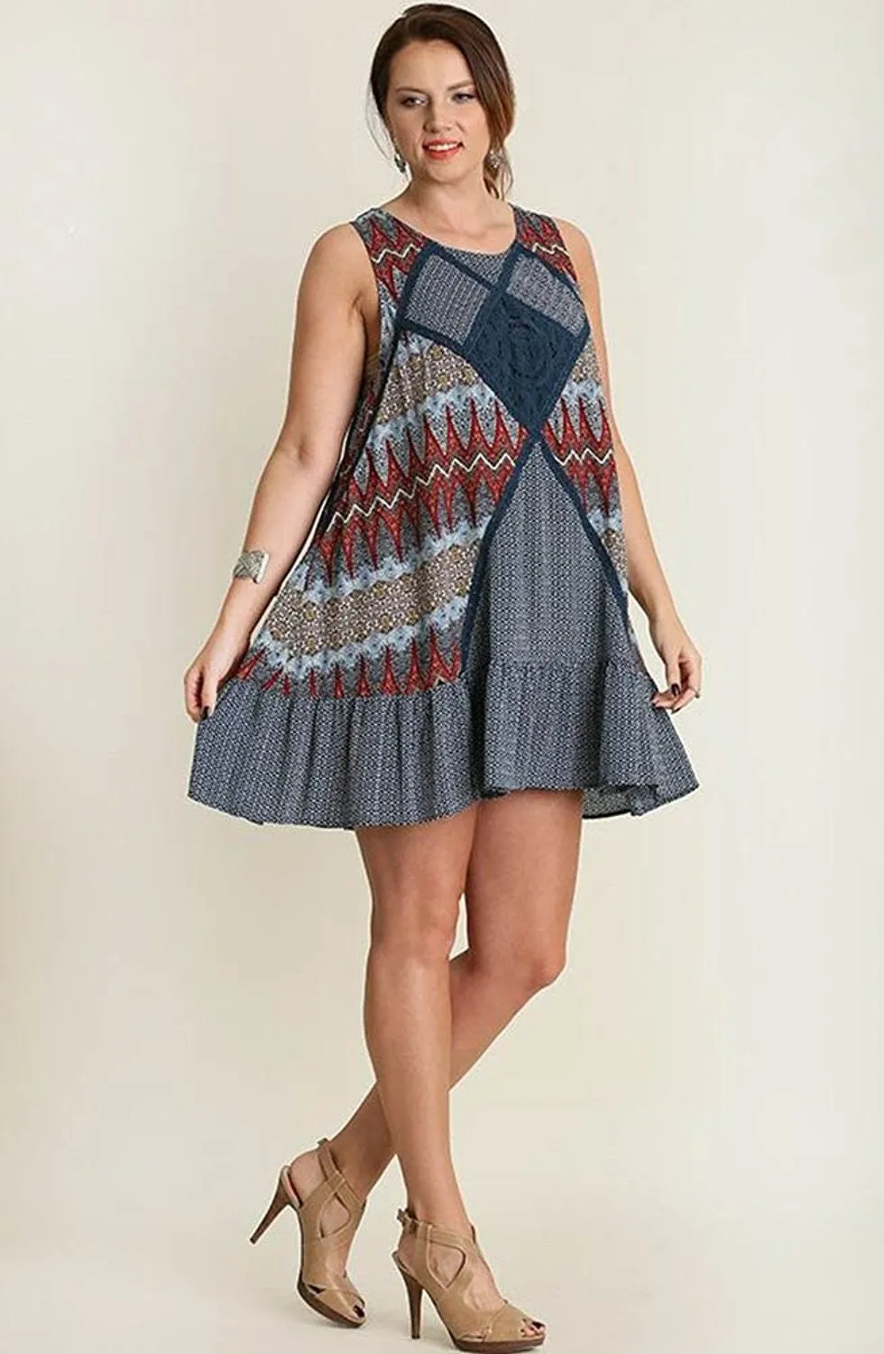 Plus Size Boho Lace Open Back Detail Fashion Shirt Dress